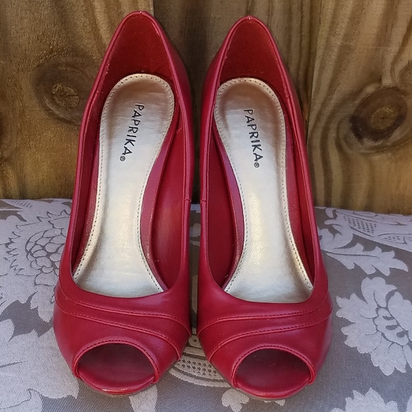 Paprika Red Open Toe Heels - Picture 2 of 7